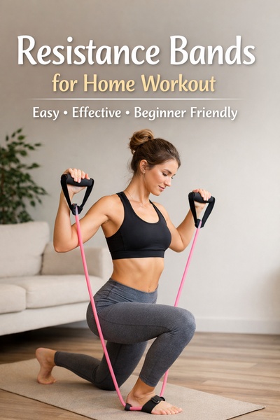 A clean, lifestyle-focused ad showing a woman performing a lunge with resistance bands in a home setting.
